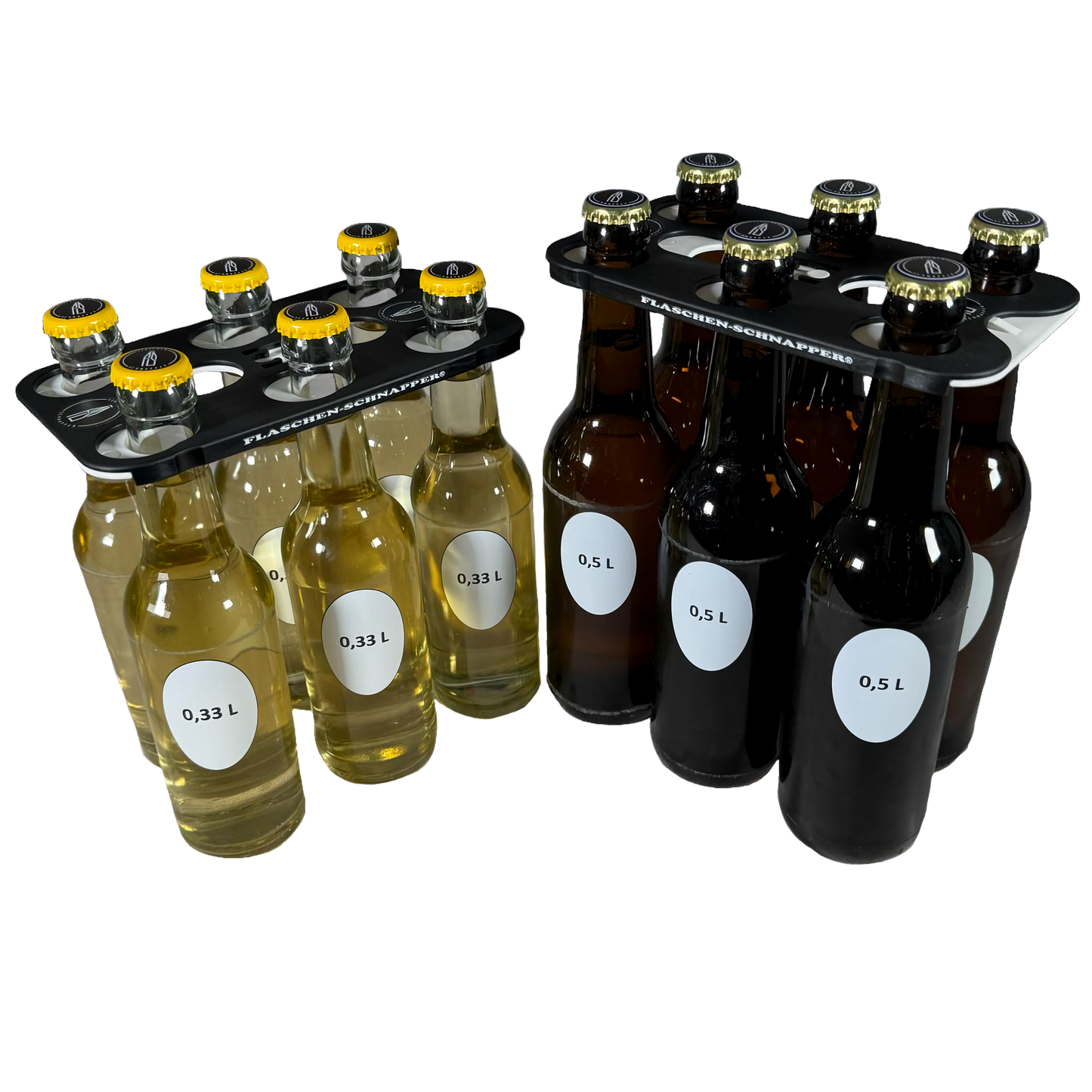Bild des Produktes mit sechs Flaschen 0,33 und 0,5 Liter. Es zeigt den Flaschen-Schnapper.