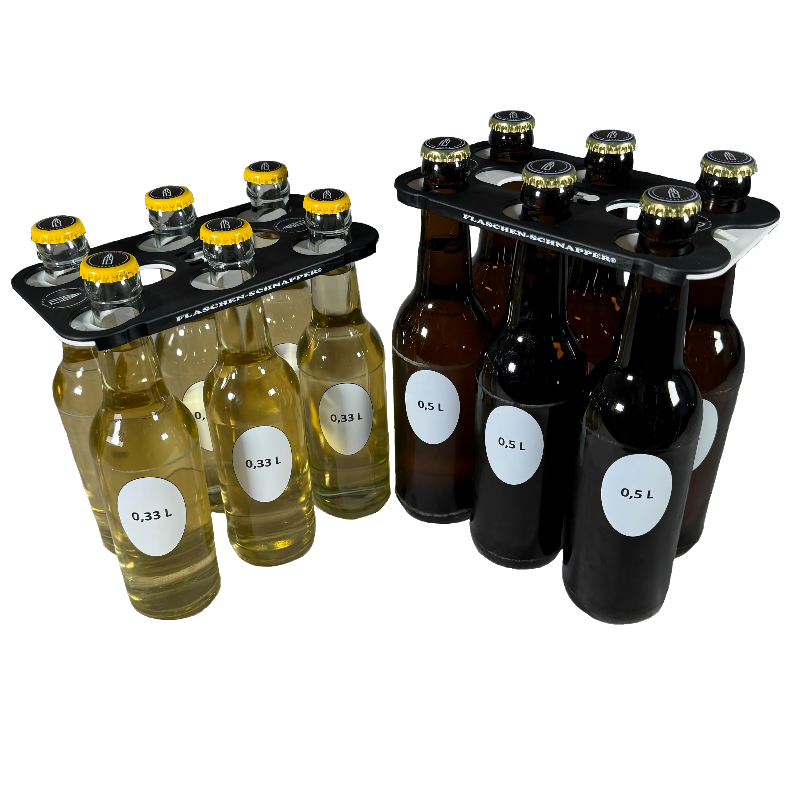 Bild des Produktes mit sechs Flaschen 0,33 und 0,5 Liter. Es zeigt den Flaschen-Schnapper.