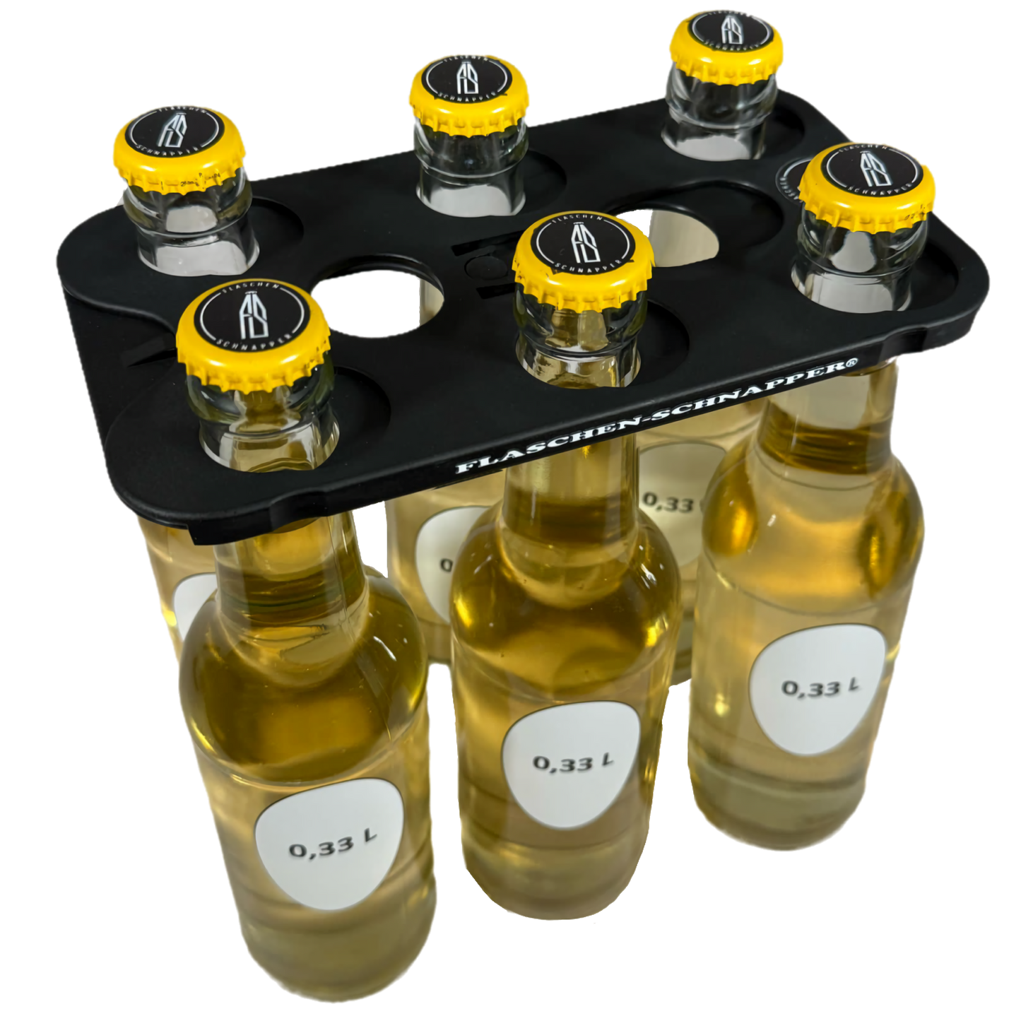 Bild des Produktes mit sechs Flaschen 0,33 Liter. Es zeigt den Flaschen-Schnapper.